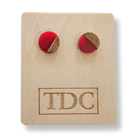 Handcrafted Timber & Red Resin Stud Earrings