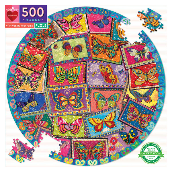 eeBoo 500 Pc Round Puzzle – Vintage Butterflies