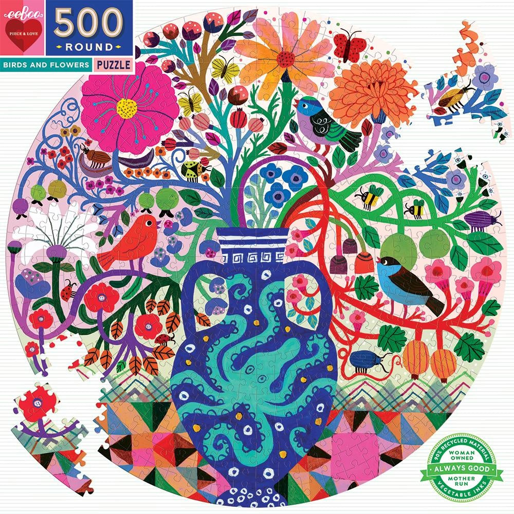 Birds and Flowers - 500 Piece Round Jigsaw Puzzle