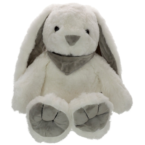 White plush bunny toy with gray accents on a white background