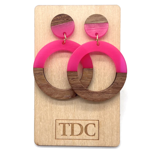 Handcrafted Timber & Resin Hoop Drop Earring - Various Colours